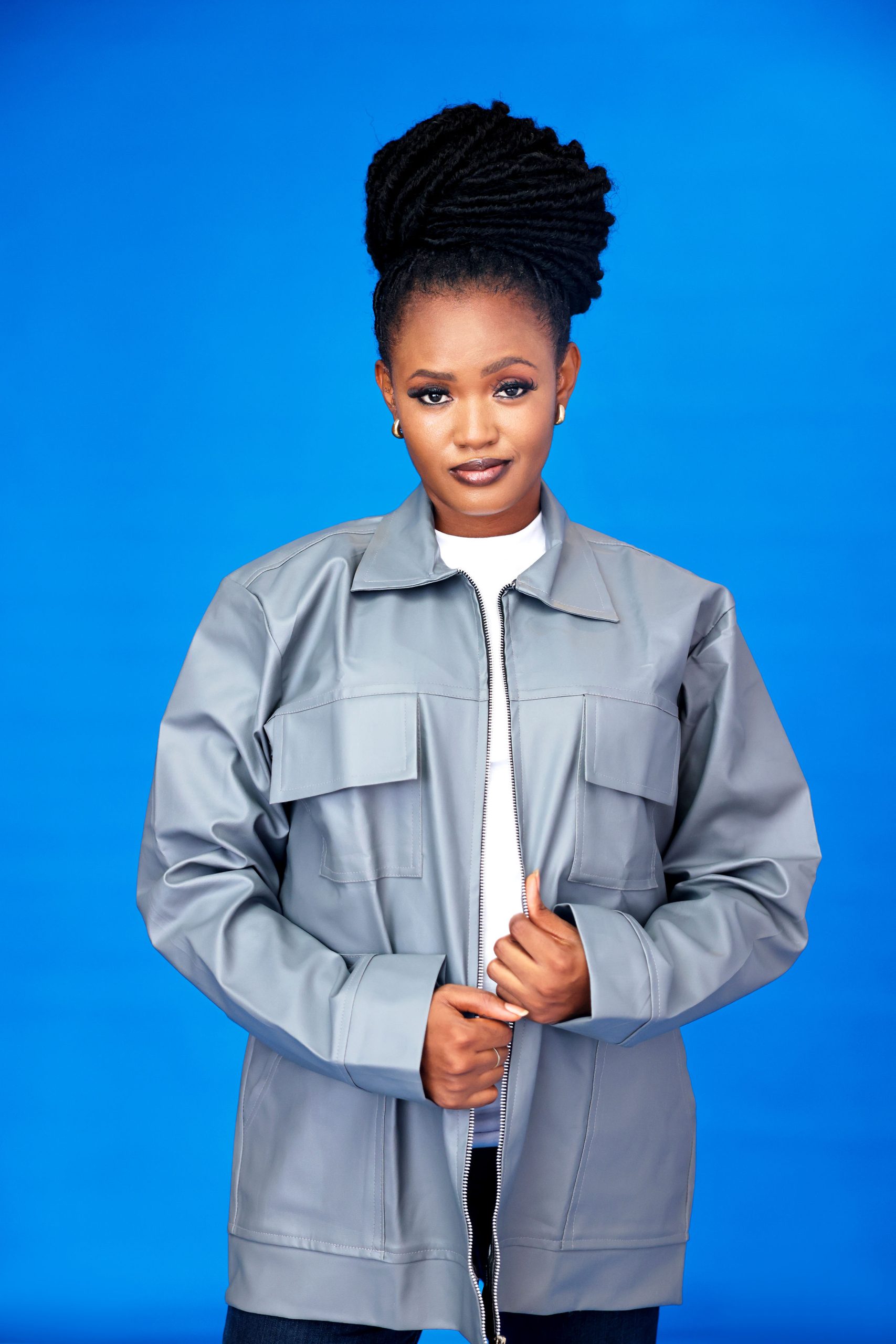 Ẹ̀MÍ Leather Utility Zip Jacket Grey Unisex - Image 1