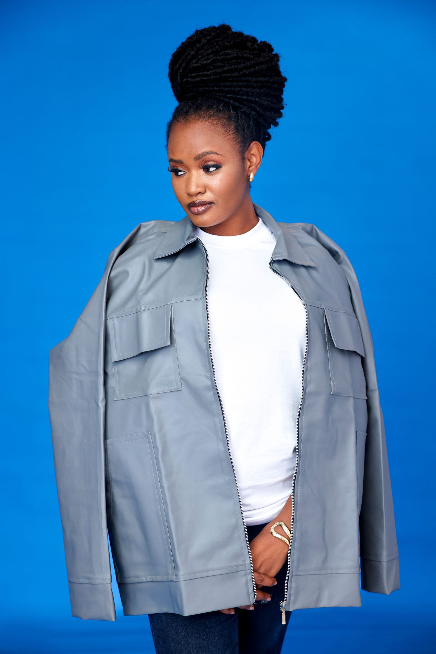 Ẹ̀MÍ Leather Utility Zip Jacket Grey Unisex - Image 4