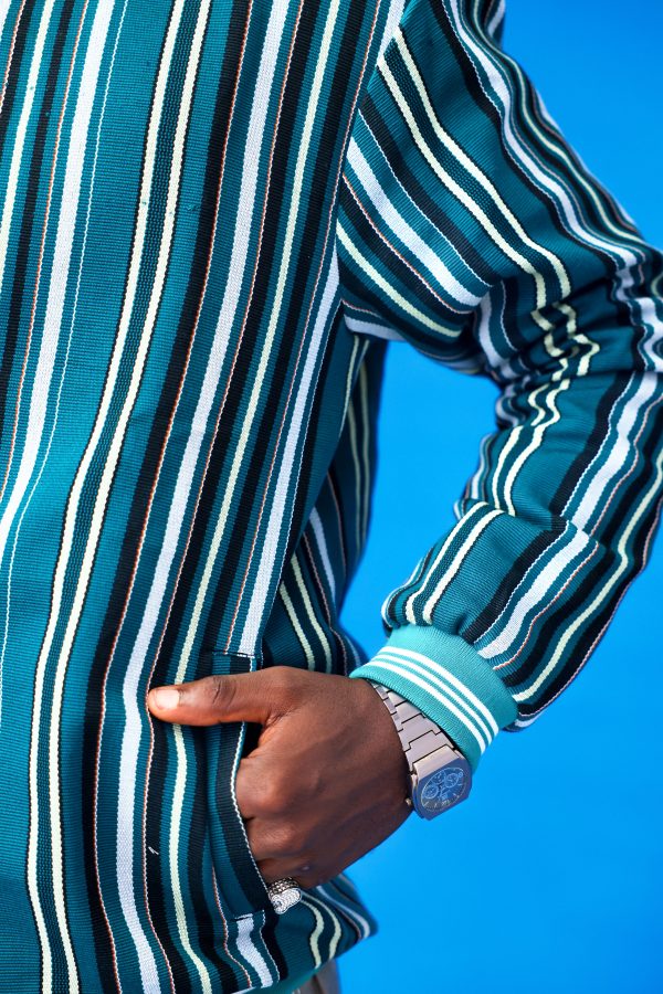 ARIKÉ Aso Oke Heritage Snap Jacket – Teal Stripe Green Unisex