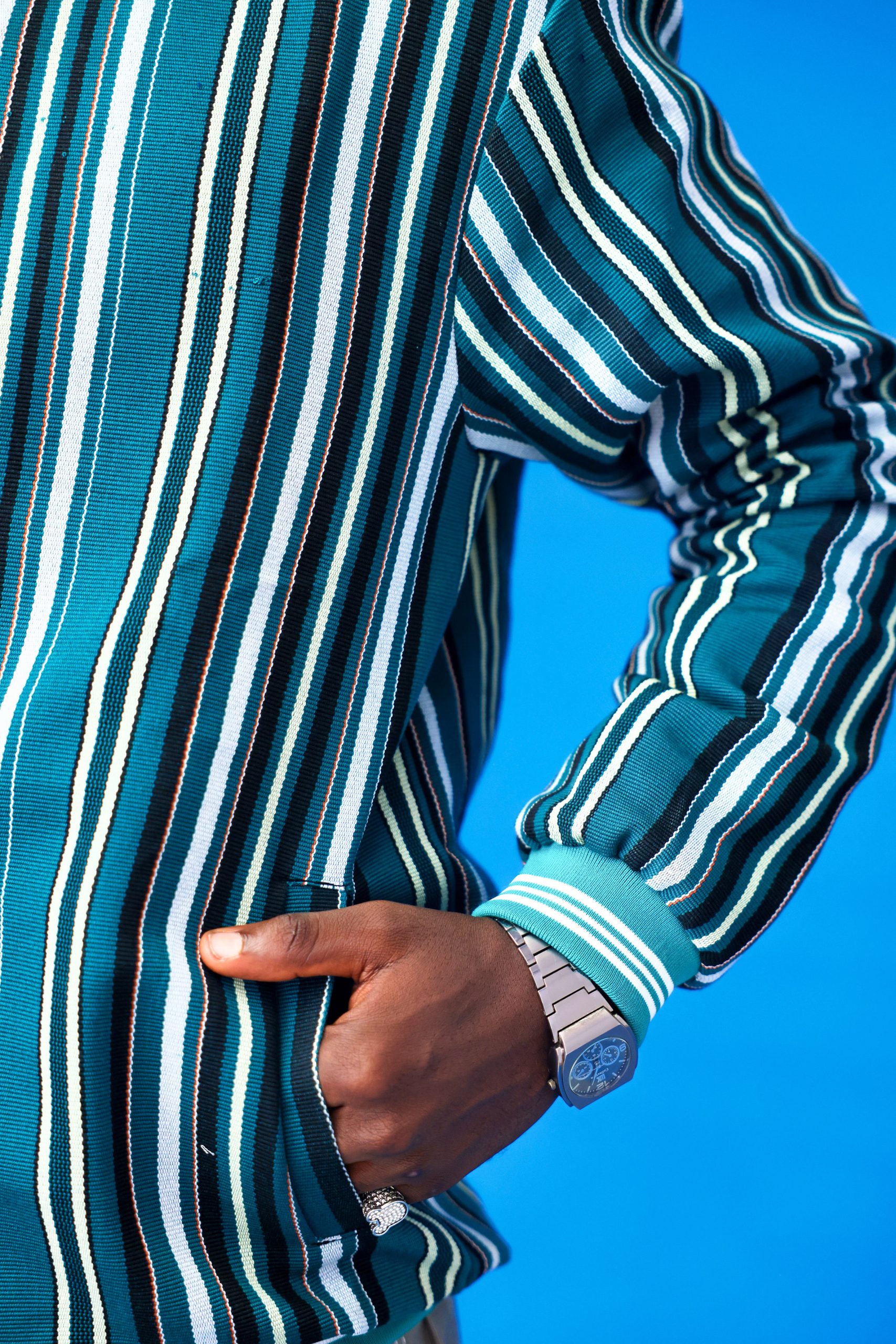 ARIKÉ Aso Oke Heritage Snap Jacket – Teal Stripe Green Unisex - Image 2