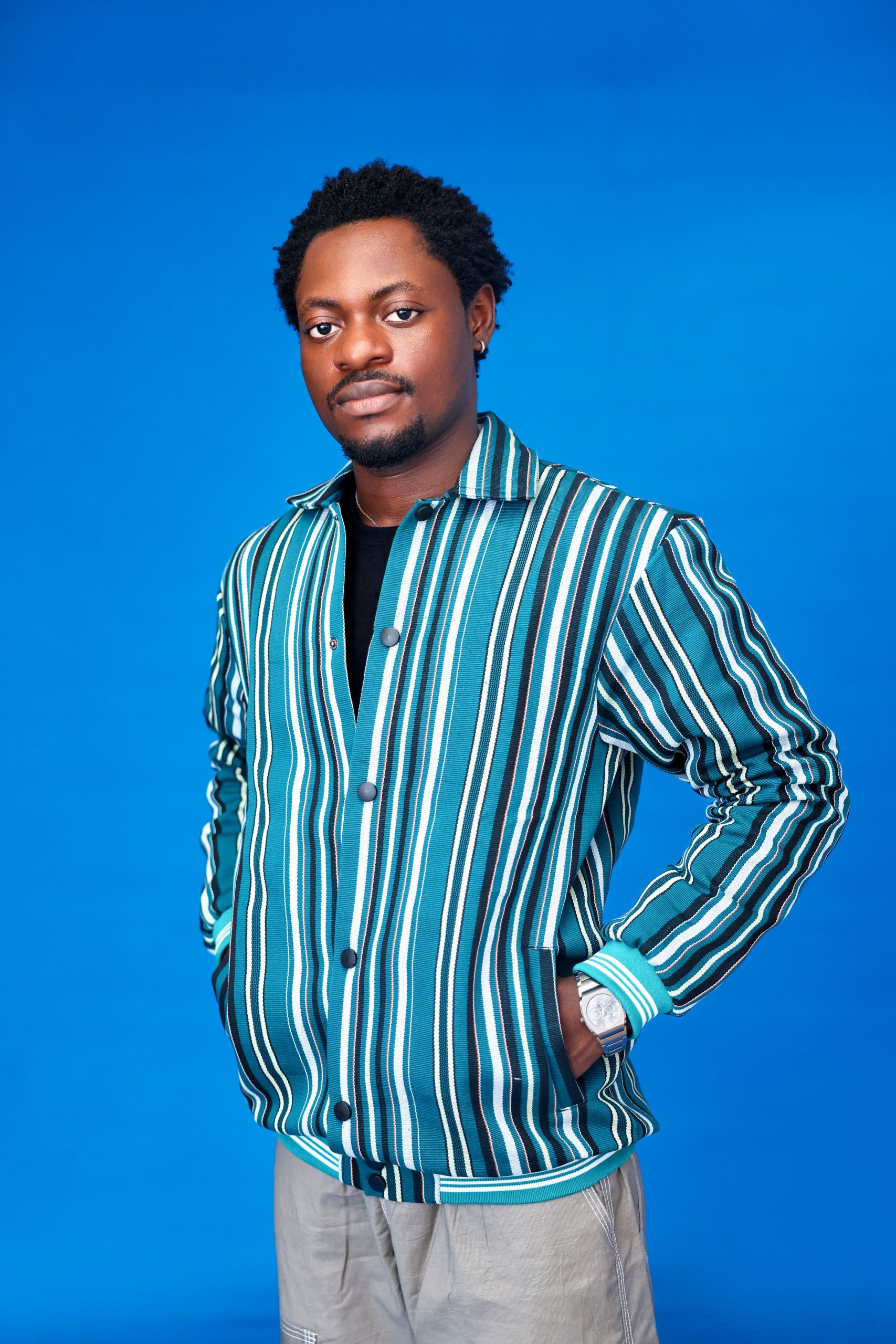 ARIKÉ Aso Oke Heritage Snap Jacket – Teal Stripe Green Unisex - Image 1