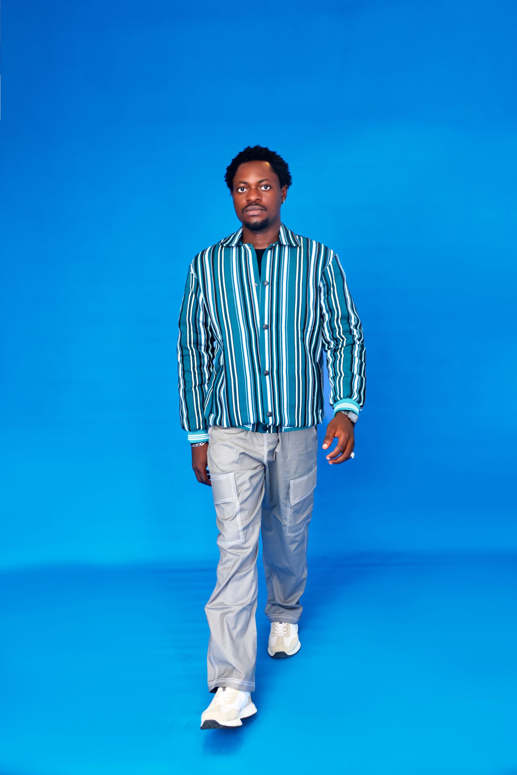 ARIKÉ Aso Oke Heritage Snap Jacket – Teal Stripe Green Unisex - Image 4