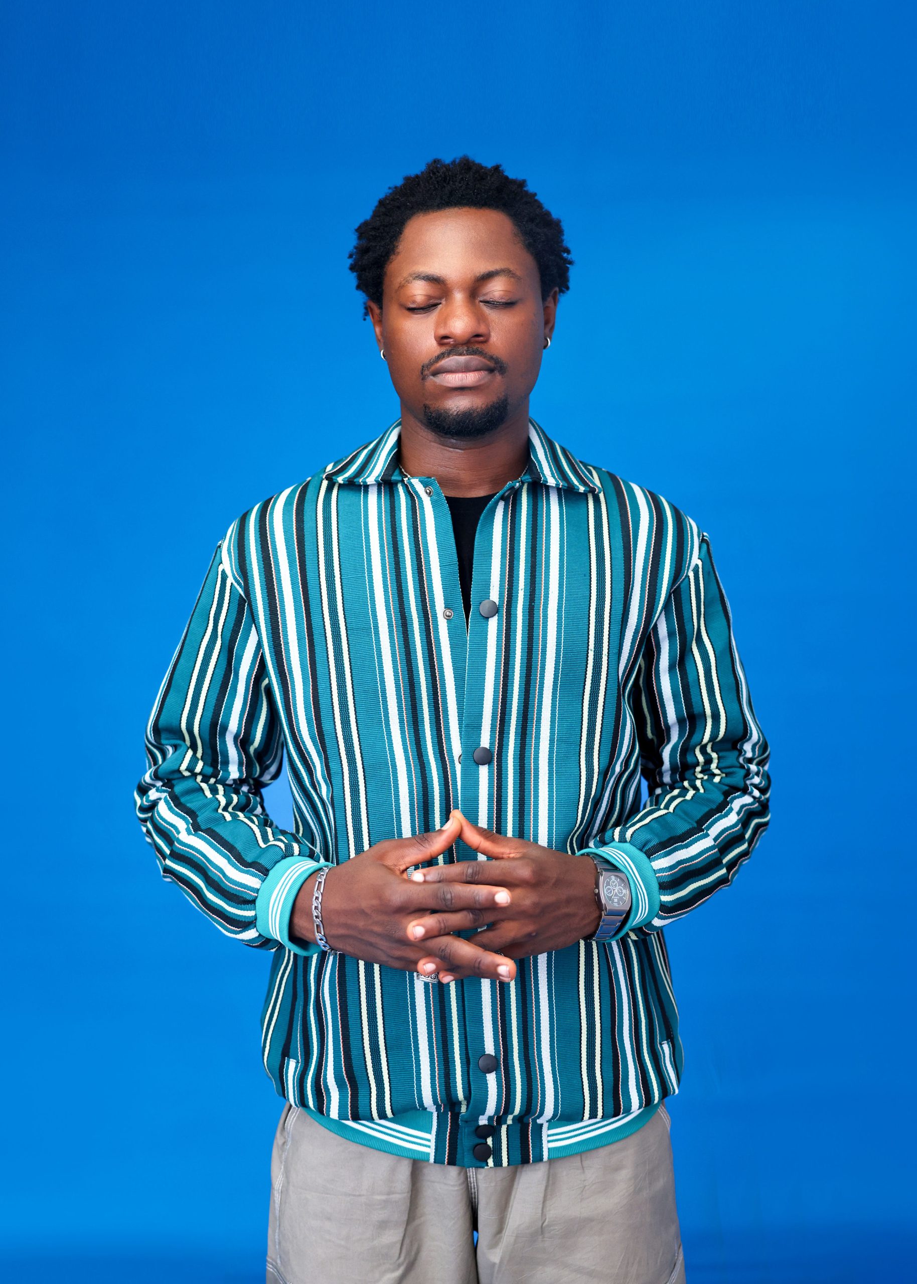 ARIKÉ Aso Oke Heritage Snap Jacket – Teal Stripe Green Unisex - Image 5