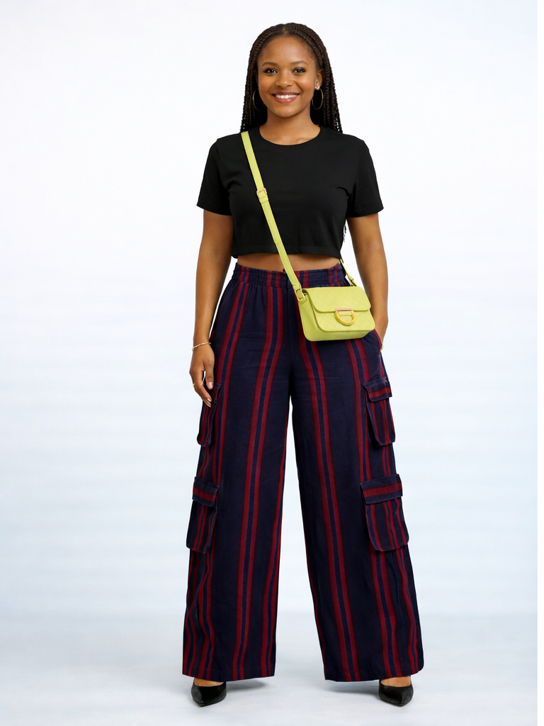 Heritage Aso Oke Cargo Trousers – Navy Handwoven Okin Collection - Image 1