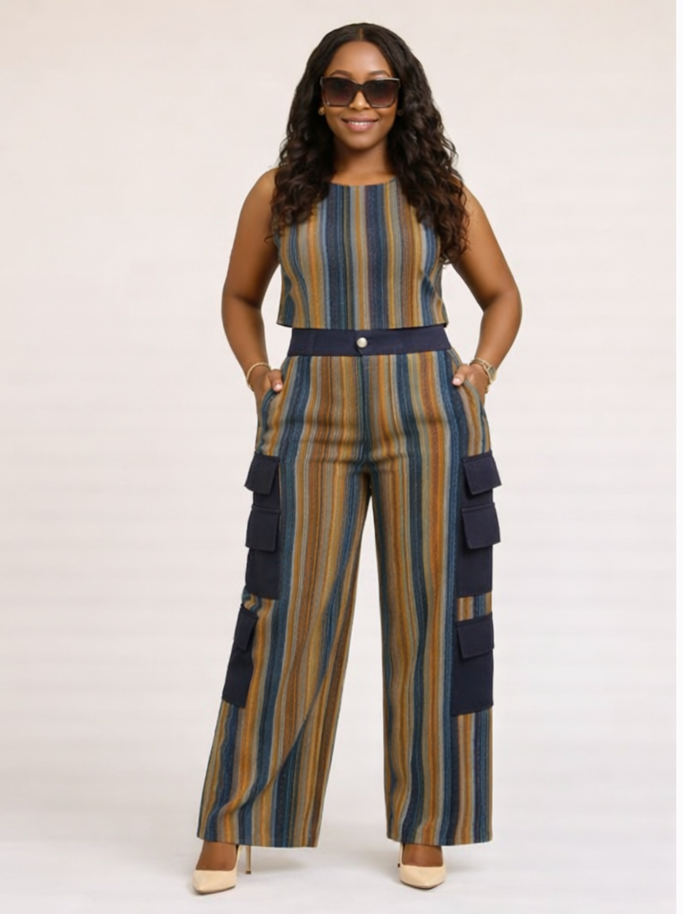 Okin Heritage Aso Oke Two-Piece Set – Handwoven Crop Top & Cargo Pants - Image 1