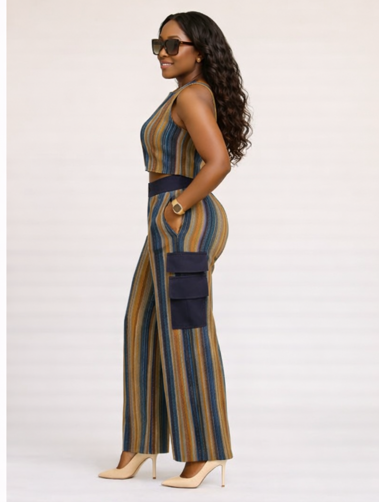 Okin Heritage Aso Oke Two-Piece Set – Handwoven Crop Top & Cargo Pants - Image 2