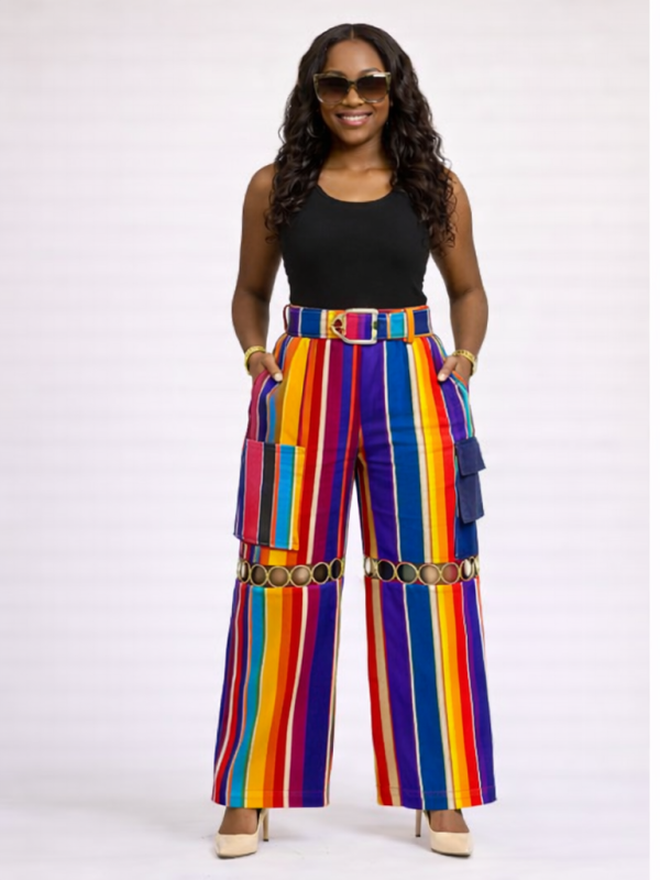 Rainbow Aso Oke Wide-Leg Cargo Trousers